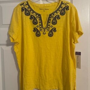 Rebecca Malone Yellow Embroidered Paisley Neckline Top